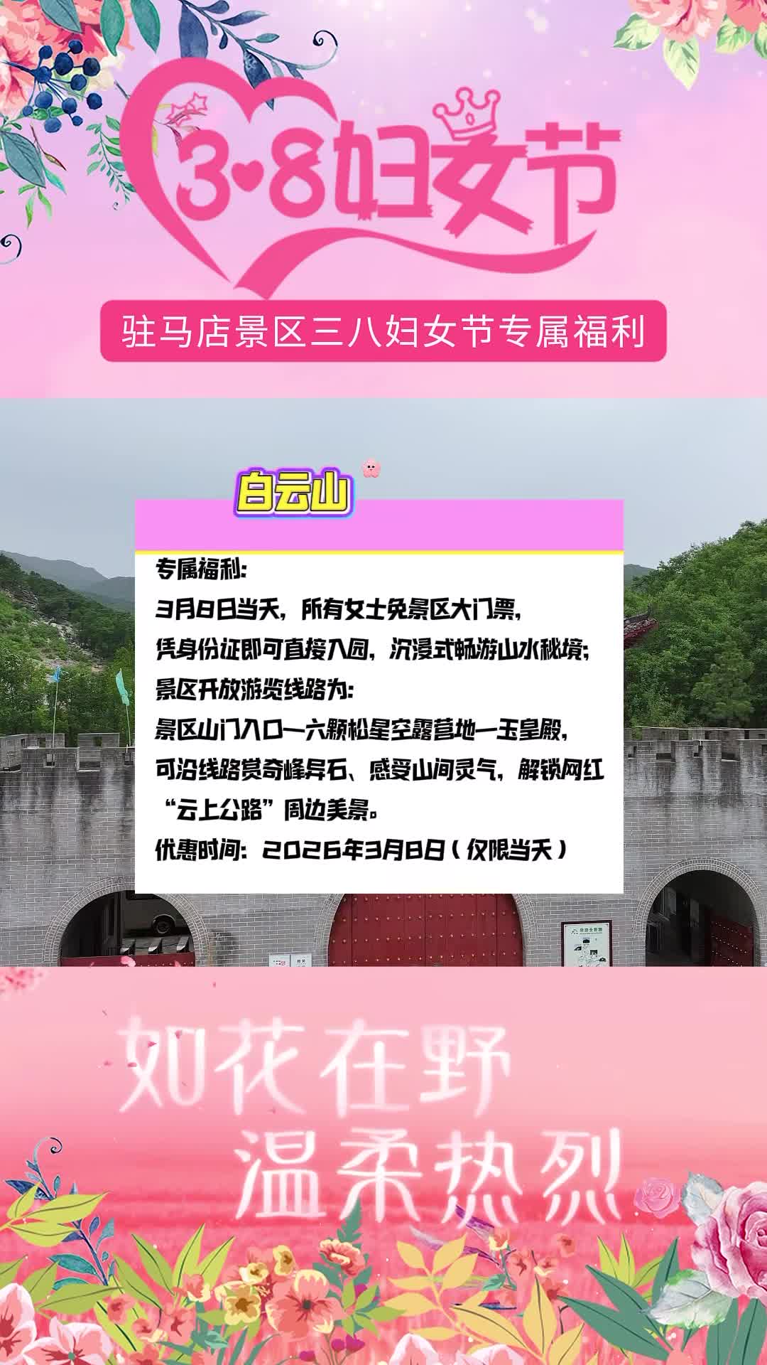 3.8妇女节驻马店景区专属优惠福利来袭，春日正好，一起出游吧！